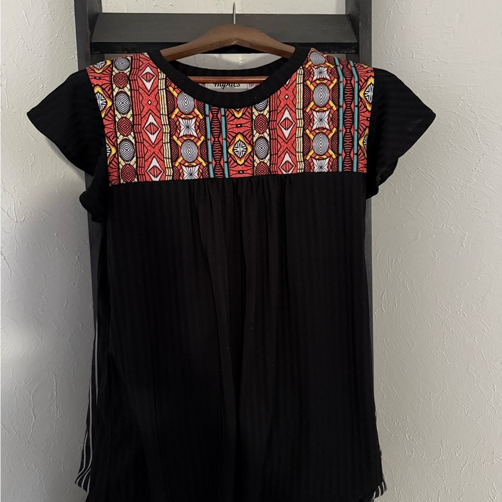 Lucky Brand Black Blouse with Vibrant Embroidery